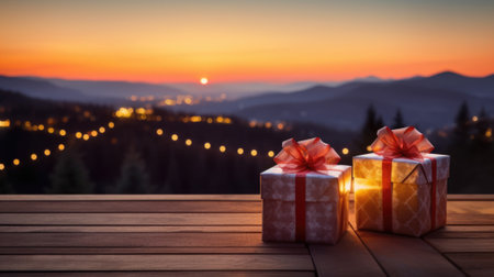 Christmas gift boxes on a wood table ready for joyful holiday celebration, merry Christmas and happy new year 2024 festival comelinessの素材