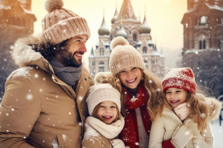 Happy family Father, mother and children are having fun and playing on snowy winter walk in nature. comelinessの素材
