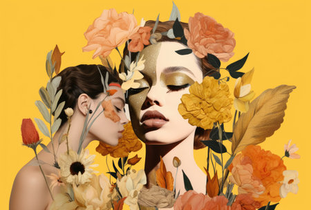 Abstract art portrait of young woman with flowers decoration comelinessの素材