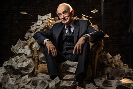 Billionaire on Huge Pile of Banknotes Rich and Prosperity Comelinessの素材