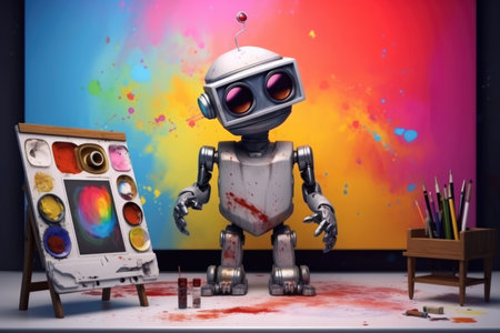 Concept of generative AI art technology, robot painting picture in studio. comelinessの素材