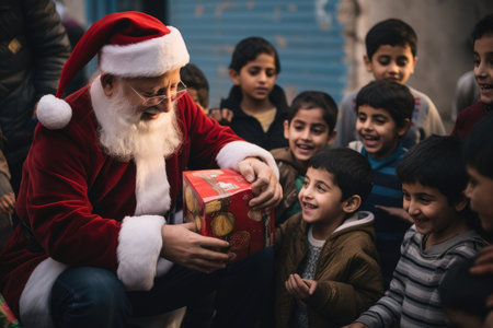 Santa Claus giving christmas gift to children in the city with comelinessの素材