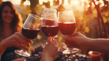 Group of friends gathering for wine tasting in countryside vineyard in summer harvesting season cheering and toasting with friendship comelinessの素材