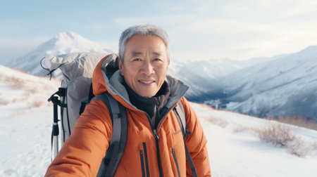 Traveler influencer taking selfie during travel in winter season backpack on alps mountain comelinessの素材