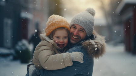 Happy family having fun while travel outdoor in winter enjoying time together comelinessの素材