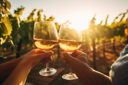 Group of friends gathering for wine tasting in countryside vineyard in summer harvesting season cheering and toasting with friendship comelinessの素材
