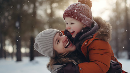 Happy family having fun while travel outdoor in winter enjoying time together comelinessの素材