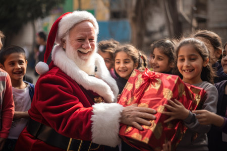 Santa Claus giving christmas gift to children in the city with comelinessの素材