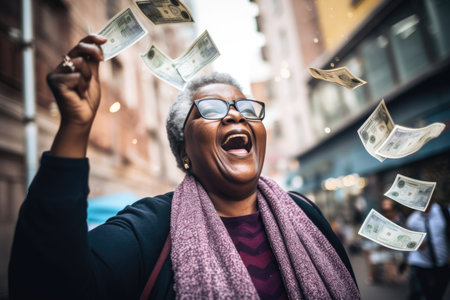 Happy person getting bonus money and banknotes flying in the air and get lucky rich and financial freedom comelinessの素材