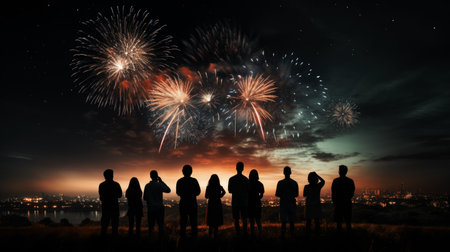 Firework explosion in the night sky celebrating happy new year 2024 . National firework shooting in the beautiful sky for a new year day of year 2024 .の素材