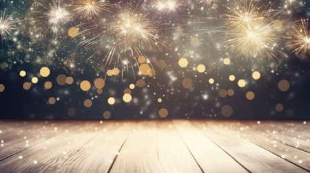 Wooden table or floor empty for product placement with new year firework in background comelinessの素材