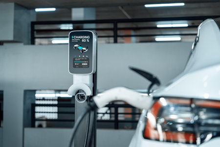EV electric car recharge at shopping center parking lot charging in downtown city showing urban...