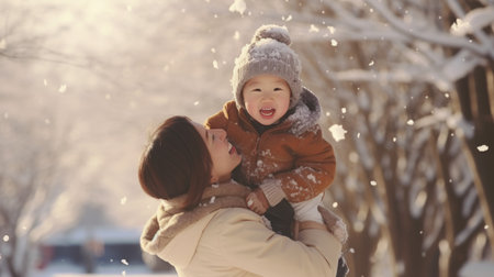 Happy family having fun while travel outdoor in winter enjoying time together comelinessの素材