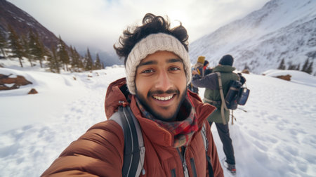 Traveler influencer taking selfie during travel in winter season backpack on alps mountain comelinessの素材
