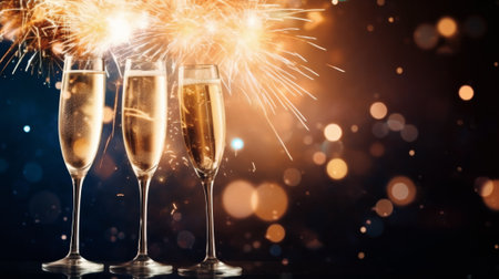 New Years celebration with fireworks and champagne glasses at night comelinessの素材
