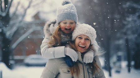 Happy family having fun while travel outdoor in winter enjoying time together comelinessの素材