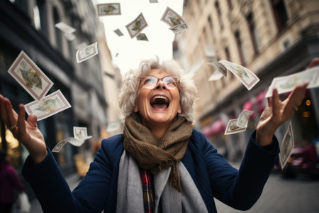 Happy person getting bonus money and banknotes flying in the air and get lucky rich and financial freedom comelinessの素材