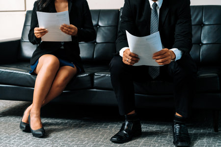 Stressed businessman and businesswoman candidate sit and wait for interview at the company office. Job application, business recruitment and Asian labor hiring concept. udsの写真素材