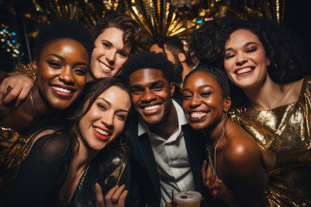 A cheerful group of friends enjoy new year party at nightclub People are drinking, dancing and having a good time at the party comeliness.の素材