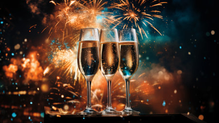 New Years celebration with fireworks and champagne glasses at night comelinessの素材