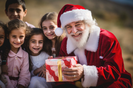 Santa Claus giving christmas gift to children in the city with comelinessの素材