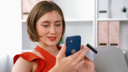Woman shopping or pay online on internet marketplace browsing for sale items for modern lifestyle...