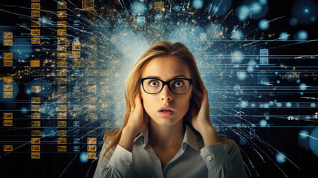 Business person overloaded by stress from business data and information that come from work, technology, social media and marketing business strategy received by a corporate employeeの素材