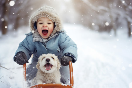 Funny little child runs on sledge in snow. Active sports games in winter time. Happy winter holidays concept. comelinessの素材