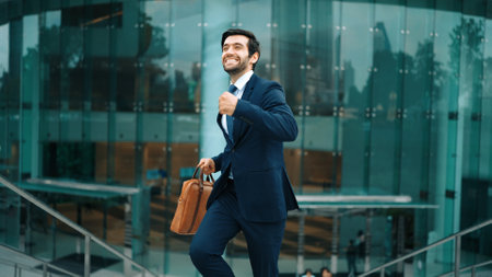 Successful business man celebrate for getting promotion while walking to office. Caucasian receive good news about sales increase or successful project. Manager feel overjoy and happy. Exultant.の写真素材