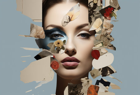 Abstract art portrait of young woman with flowers decoration comelinessの素材