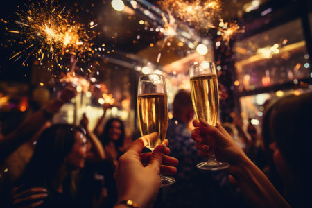 Friends celebrating Christmas or New Year eve party comelinessの素材
