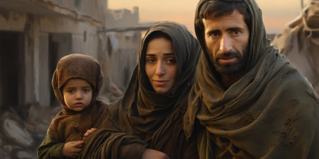 Civilian refugee affected from aggression of war and battle escape city from war zone which has no little comelinessの素材