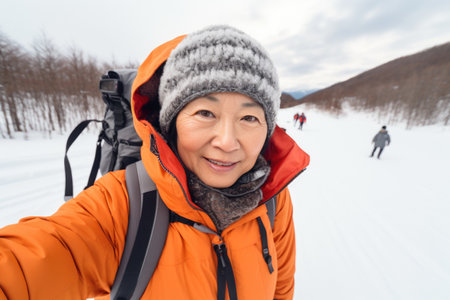 Traveler influencer taking selfie during travel in winter season backpack on alps mountain comelinessの素材