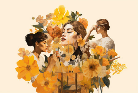 Abstract art portrait of young woman with flowers decoration comelinessの素材