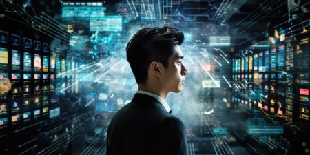 Business person overloaded by stress from business data and information that come from work, technology, social media and marketing business strategy received by a corporate employeeの素材