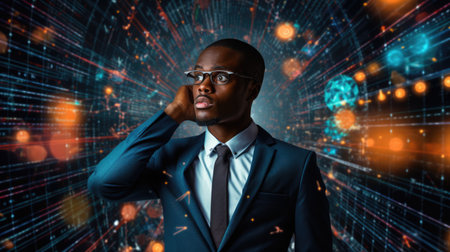 Tech analyst study cyber data chart from corporate system for statistical analytic defining marketing plan and strategy to compete in futuristic technology businessの素材