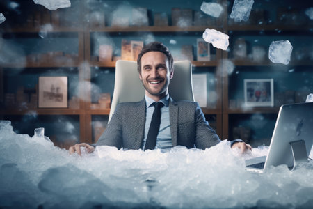 Calm happy and relax businessman in frost office room comelinessの素材