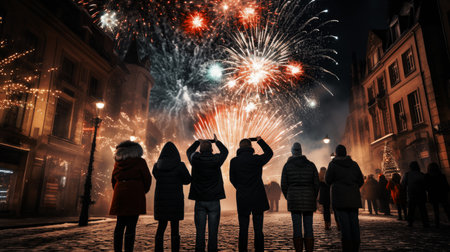 Firework explosion in the night sky celebrating happy new year 2024 . National firework shooting in the beautiful sky for a new year day of year 2024 .の素材