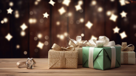 Christmas gift boxes on a wood table ready for joyful holiday celebration, merry Christmas and happy new year 2024 festival comelinessの素材