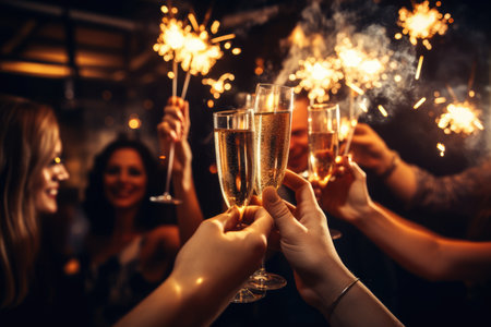 Friends celebrating Christmas or New Year eve party comelinessの素材