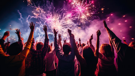 Crowd of People Watch Fireworks Display for New Years or Fourth of July Celebration comelinessの素材