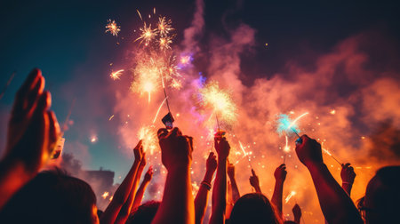 Crowd of People Watch Fireworks Display for New Years or Fourth of July Celebration comelinessの素材
