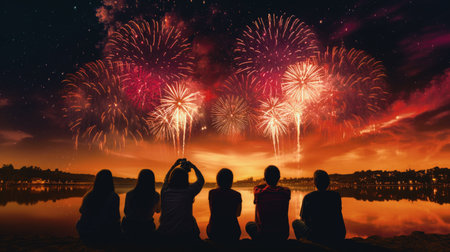 Firework explosion in the night sky celebrating happy new year 2024 . National firework shooting in the beautiful sky for a new year day of year 2024 .の素材