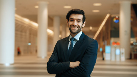 Professional business man standing with arm folded at modern mall. Smiling caucasian investor looking at camera with confident while crossing arms at hall with blurring background. Portrait. Exultant.の写真素材