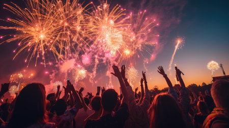 Crowd of People Watch Fireworks Display for New Years or Fourth of July Celebration comelinessの素材