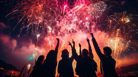 Crowd of People Watch Fireworks Display for New Years or Fourth of July Celebration comelinessの素材