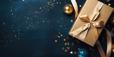 Flay lay new year holiday decoration and party streamers on gold festive background. Christmas, birthday or wedding concept. Flat lay. comelinessの素材