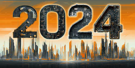 2024 new year, digital technology concept, above futuristic city skyline computer and artificial intelligence, AI for 2024 taintless lifestyleの素材