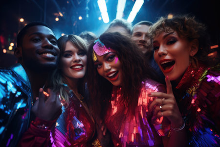 A cheerful group of friends enjoy new year party at nightclub People are drinking, dancing and having a good time at the party comeliness.の素材