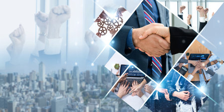 Teamwork and human resources HR management technology concept in corporate business with people group networking to support partnership, trust, teamwork and unity of coworkers in office kudosの写真素材